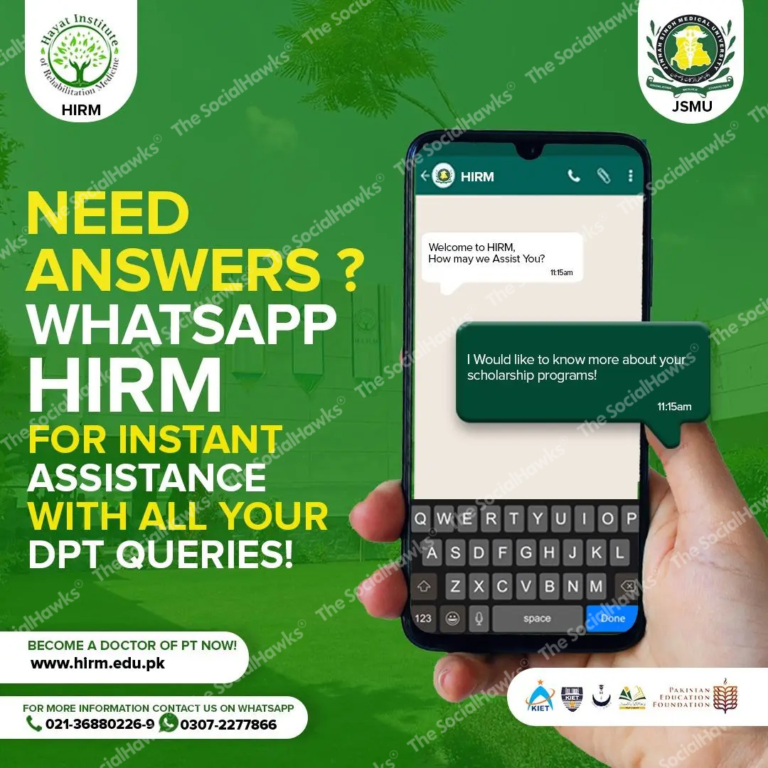 HIRM WhatsApp instant assistance ad with phone showing chat conversation